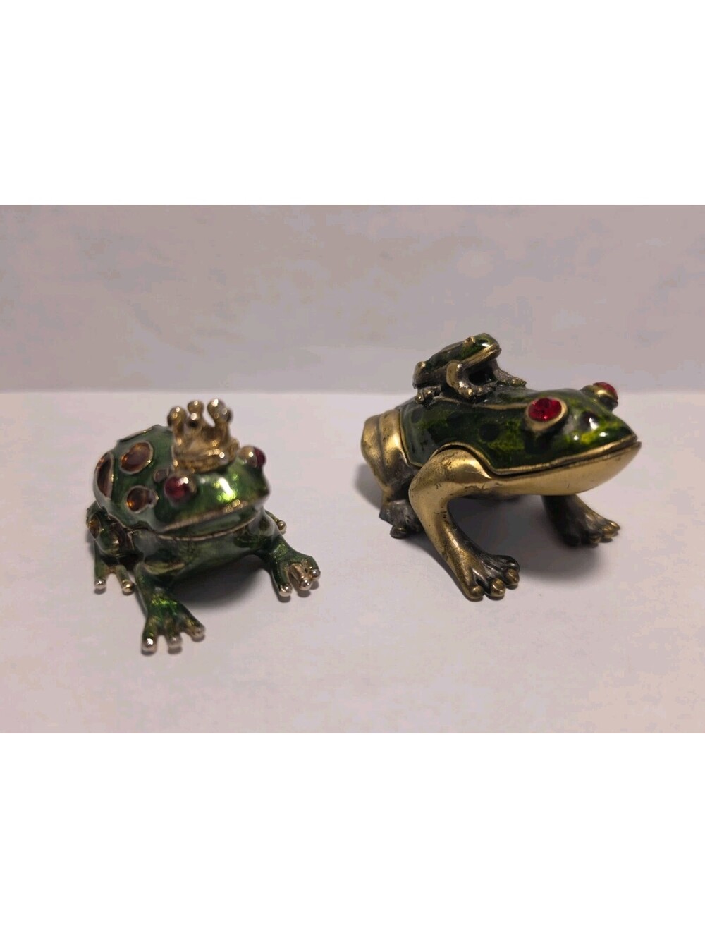 2 Vintage Monet & China Enameled Frog Prince Trinket Boxes Jeweled Stamped